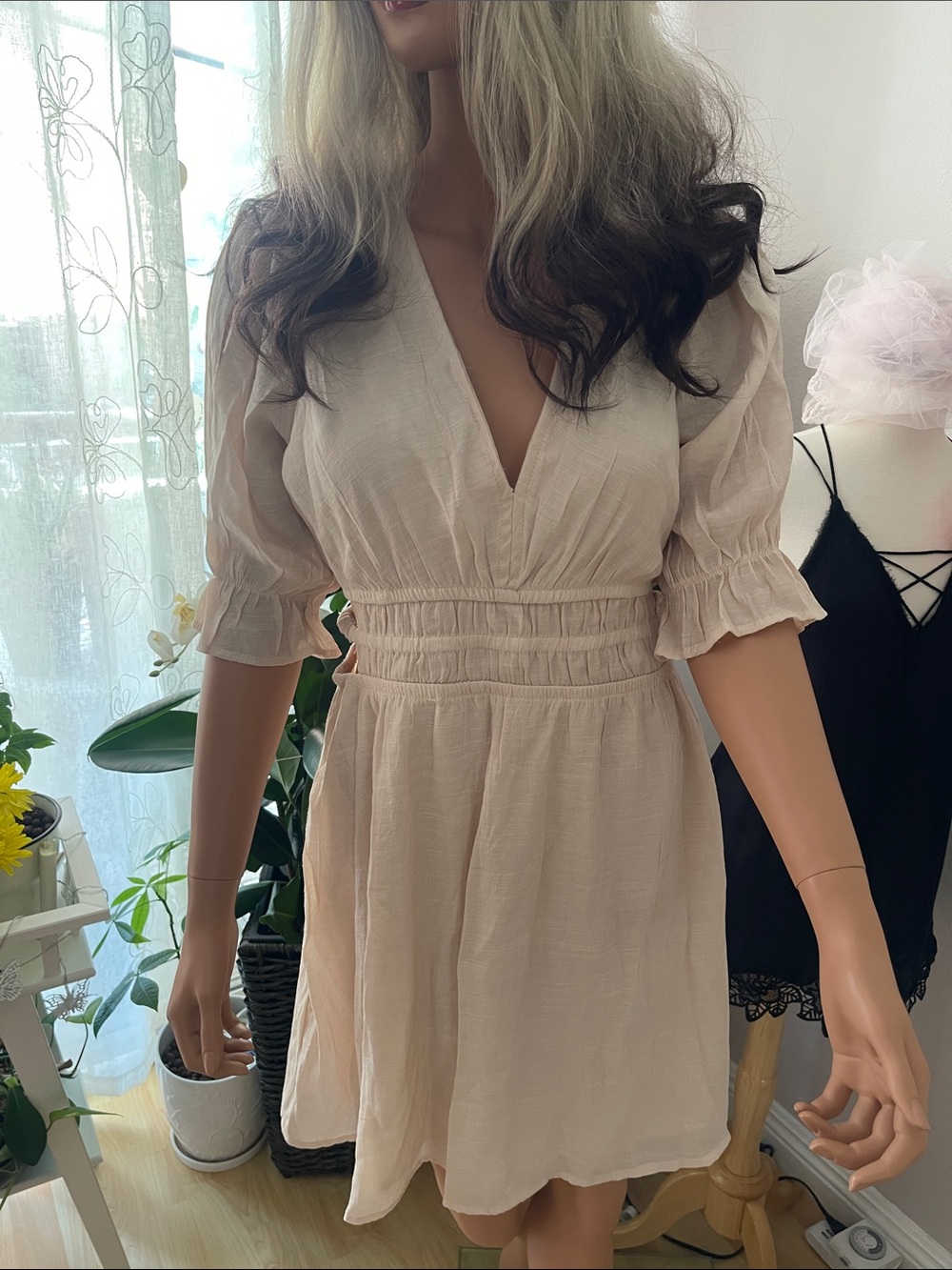 Light Beige V-Neck Smocked Waist Dress - Women